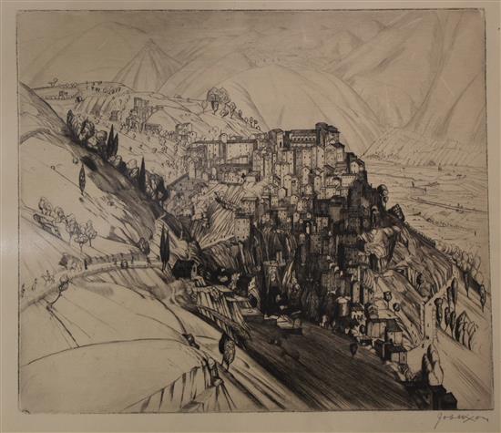 Job Nixon (1891-1938), 2 engravings, Anticoli, 1921 (I) and another view of Anticoli Corrada with peasant women in the foreground